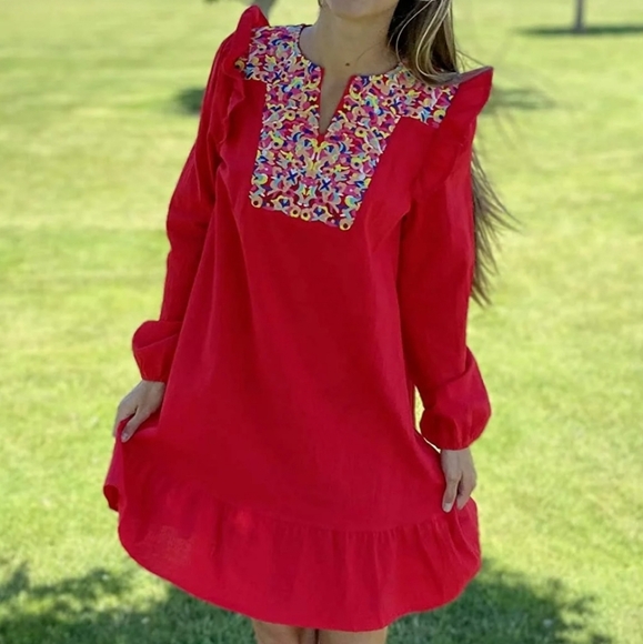 YJM Pompom Long Sleeve Mexican Embroidered Mini Shift Dress Red Size M - Picture 1 of 10